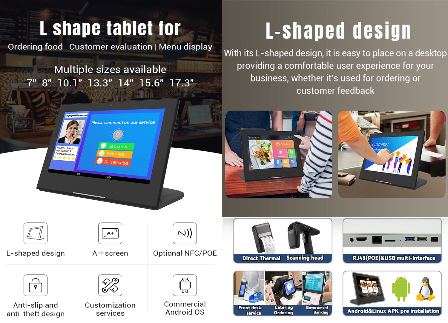 L Shape 8 Inch Customer Feedback Evaluator Restaurant Display Ordering Android Tablet L Shape 8 Inch Android Touch Screen Tablet PC